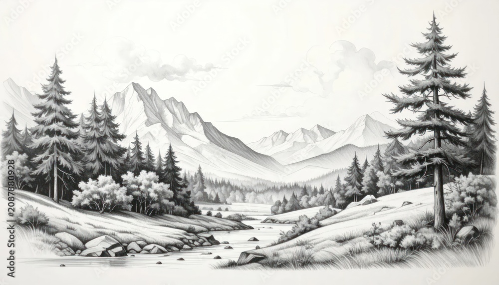 Fototapeta premium Black and white sketch of mountain forest landscape.
