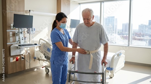 Patient Supported by a Nurse Using a Gait Belt and Walker for Rehabilitation Walking in a Modern Hospital