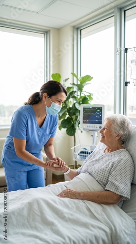 Caring Nurse Offers Comforting Hand to Smiling Elderly Patient in a Bright Hospital Room