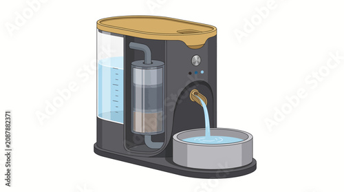 Luxury self-watering pet fountain and water dispenser illustration with filter mechanism