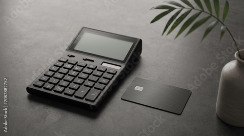 A professional financial workspace featuring a sleek black calculator and a minimalist credit card resting on a dark textured surface next to a decorative green plant in a ceramic vase for business