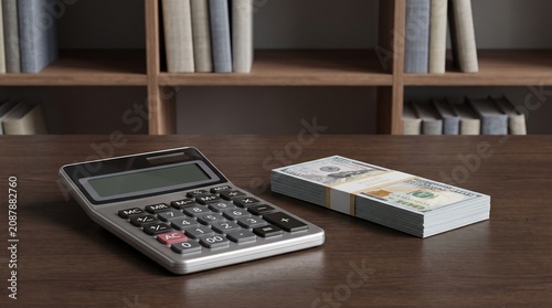 A professional financial workspace featuring a modern electronic calculator and a stack of crisp US hundred dollar bills resting on a polished wooden desk in front of a library bookshelf setting