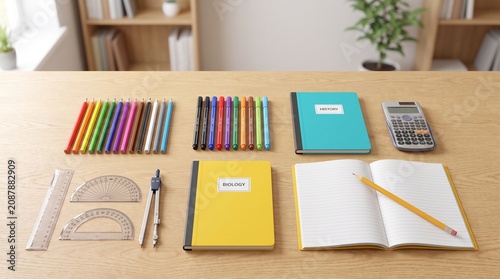 A student preparing for academic studies at a clean wooden desk with organized school supplies including colorful pens, notebooks, math geometry tools, and a calculator, creating a focused mood.