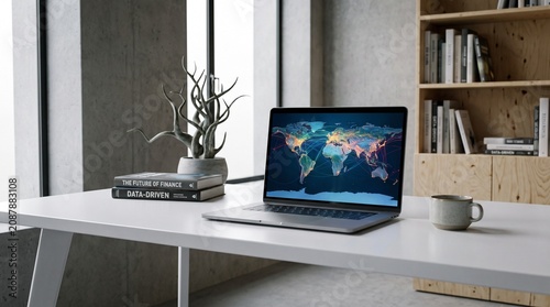 A professional laptop displays a global map on a clean white desk within a bright minimalist home office setting, featuring books and a plant, evoking a focused, modern, and tech-driven atmosphere.