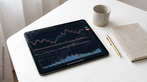 A professional financial analyst workspace featuring a modern digital tablet displaying complex stock market trading charts, a minimalist ceramic mug, and a notebook on a clean white desk surface.