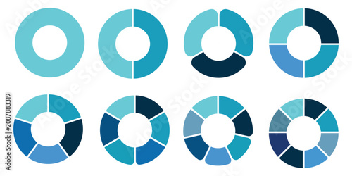 Pie chart set. Colorful diagram collection with 2,3,4,5,6,7,8 sections or steps. Circle icons for infographic, UI, web design, business presentation. Vector illustration