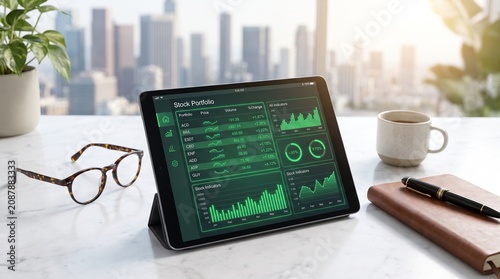 A dedicated financial professional observes real time stock market data on a digital tablet at a modern office desk with city views, capturing a focused and productive business atmosphere at dawn.
