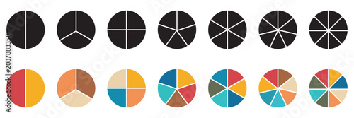 Pie chart set. Colorful diagram collection with 2,3,4,5,6,7,8 sections or steps. Circle icons for infographic, UI, web design, business presentation. Vector illustration