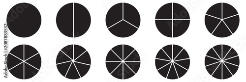 Donut charts, pies segmented on equal parts. Diagram infographic set. Circle section graph. Wheels divided in sections. Pie chart round icons. Loading bar layout icon set. Eps 10.