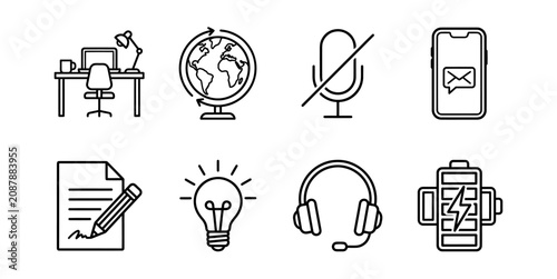 Set of eight line art icons for communication and office tasks