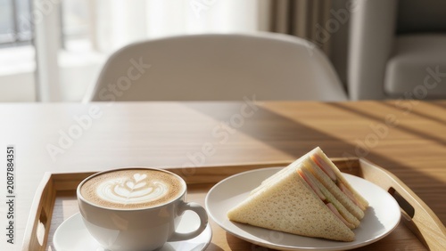 Latte Coffee and Sandwich Breakfast on Tray