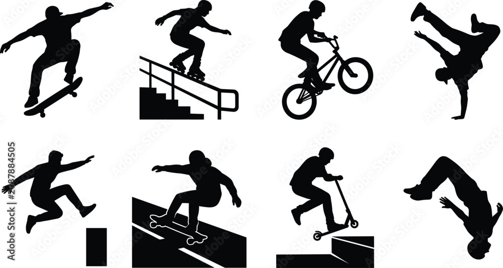 Obraz premium Extreme Sports Silhouette Icon Set Featuring Skateboarding Inline Skating BMX Riding and Parkour Stunts