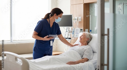 Nurse Wearing Mask Comforts Smiling Senior Patient in Hospital Bed Using a Tablet During Care