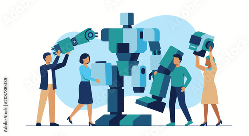 Diverse tech team assembling giant artificial intelligence robot flat vector illustration