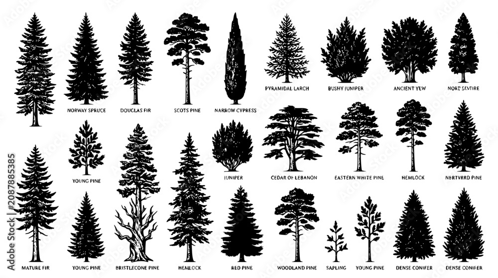 Fototapeta premium Hand drawn evergreen tree silhouettes collection with name labels including scots pine douglas fir cypress graphics