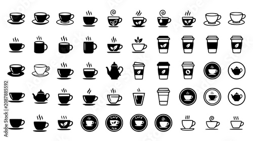 Foto Multi purpose hot drink emblem web icons including disposable paper cups filled