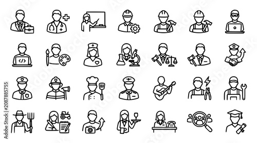 Outline people avatars and professional career tools collection with doctor engineer police judge artist chef and builder graphics