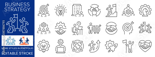 Goal achievement icon set. Representing strategic planning, leadership, teamwork, business growth, partnership and goal achievement.
