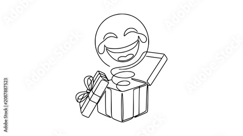 Konstfotografi Joyful face emoji popping out of gift box, one line drawing