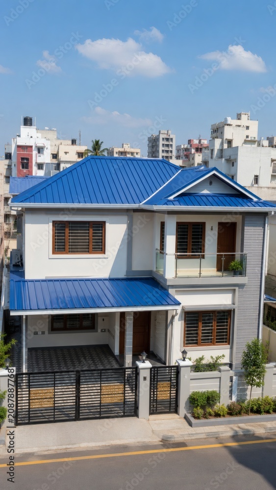 Obraz premium Modern two story residential house featuring a vibrant blue metal roof under clear bright skies