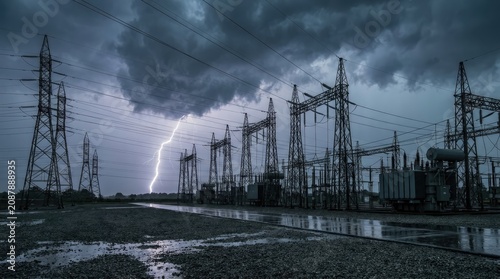 Electric power substation struck by lightning during a severe thunderstorm at night.