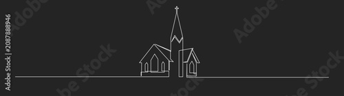 Tableau sur toile Continuous one line drawing of a church with a cross-topped steeple on a dark background, representing religion and worship