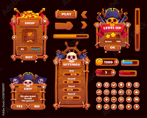 Pirate game UI menu interface panels, window and app buttons. Wooden shop and settings windows, level up badge, skull, captain hat, coins, health and energy bar icons for navigation, gameplay controls