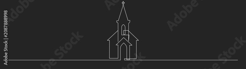 Continuous Line Drawing of a Church Building with a Cross, Minimalist One Line Art Sketch Representing Religion and Worship on a Dark Background