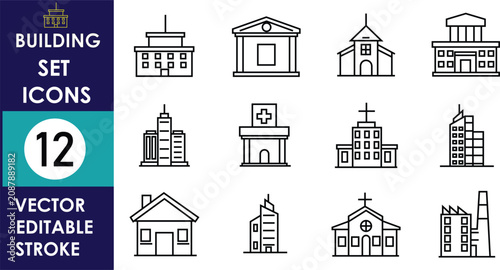 Obraz na plátně Minimal building icon collection featuring residential, commercial, institutional, and religious architecture in editable stroke style, ideal for urban planning, construction, maps, interfaces