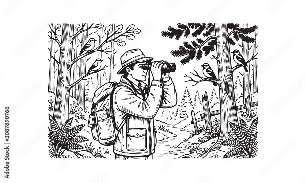 Fototapeta premium Outdoor activities Adventure Line Art Vector Illustration on Rocky Forest Trail