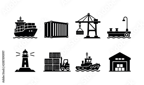 Shipping Ports. Filled icon set of Shipping Ports: cargo ship, shipping container, port crane, harbor dock, lighthouse, container yard, tugboat, warehouse. Solid icons set. All icons in only black