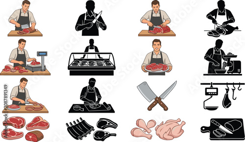 Photos Butcher meat processing collection, professional butcher shop elements, fresh be