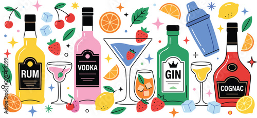 Quadro su tela Cocktail alcohol collection, liquor bottle drink ingredients, colorful bar bever
