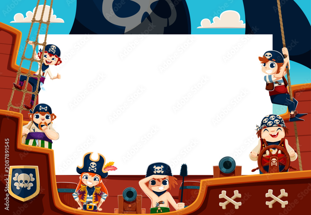 Fototapeta premium Kids pirates characters on wooden ship deck with paper banner. Cartoon kids sailors climbing ropes, steering the wheel and manning cannons. Fun adventure banner for kids birthday party invitations