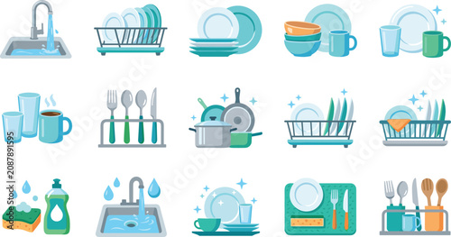 Cuadro en lienzo Dishwashing collection, clean kitchen tableware essentials, washing and drying u