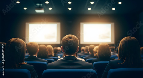 Audience members seated in a dark auditorium facing two bright screens, attending a presentation or event.