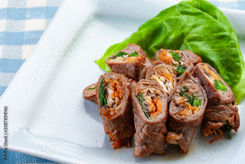 Japanese beef vegetable rolls: Savory sliced beef wrapped around carrots, celery, and shiitake.