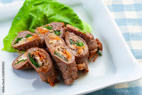 Japanese beef vegetable rolls: Savory sliced beef wrapped around carrots, celery, and shiitake.
