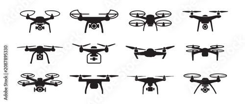 Quadro su tela Set of drone silhouette icons for aerial photography and videography