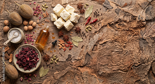 Overhead photo of African baobab and marula beauty ingredients on tree bark