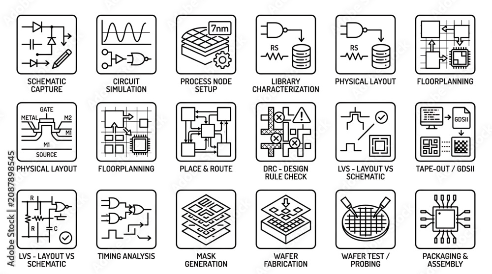 Obraz premium Graphic illustrations showcase various technical diagrams and scientific symbols with abstract shapes