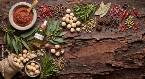 Cinematic overhead lay of Australian eucalyptus and red clay skincare on bark