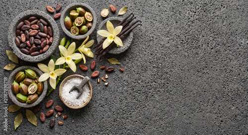 Overhead photo of Mexican ritual skincare ingredients on dark volcanic stone