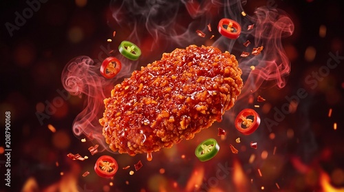 Spicy fried chicken fillet with red chili peppers and smoke, hot crispy breaded chicken cutlet on fire background, gourmet fast food advertising