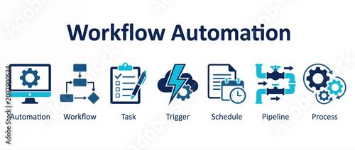 Workflow automation icon set, business process optimization symbols, digital pipeline vector