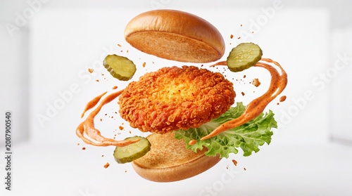 Crispy fried chicken burger with flying ingredients, levitating spicy chicken sandwich on white background, gourmet fast food explosion with pickles