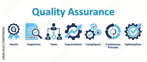 Quality assurance business icons set. Compliance and process optimization vector collection.