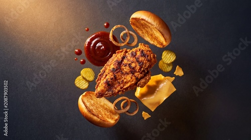 Levitating crispy chicken burger ingredients, flying fried chicken sandwich components with pickles and sauce, deconstructed fast food burger