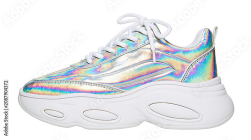 Photos Holographic iridescent chunky sole sneaker with white laces, isolated on transpa