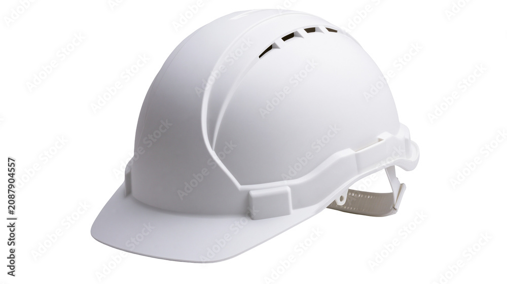 Fototapeta premium White plastic safety hard hat with adjustable strap, isolated on transparent background